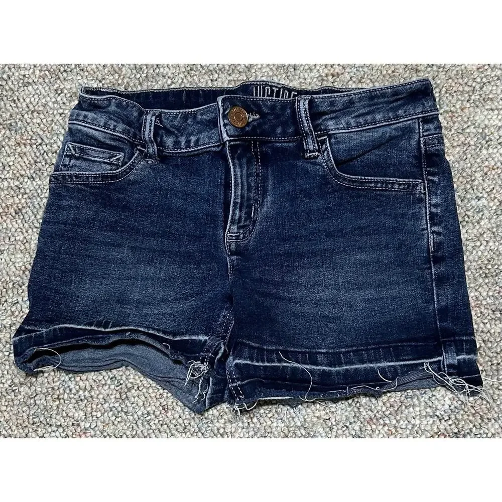 Justice Girls Denim Dark Blue Jean Shorts Size 12 Rolled Cuff Faded